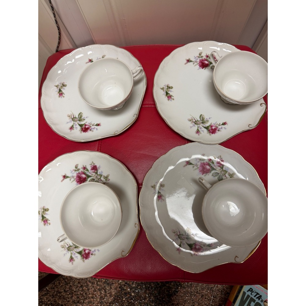 Vintage Ucagco Japan Pink Rose Snack Set 4 Pieces Tea Cup‎ and Plate Gold Trim